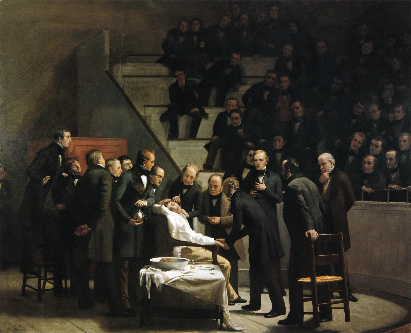 Pintura da primeira operação com éter, no anfiteatro do hospital de Boston