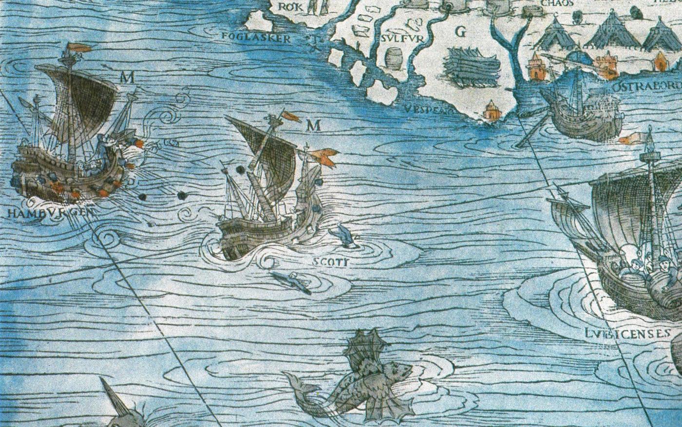 Detalhe da Carta Marina de 1539 com monstros atacando um navio