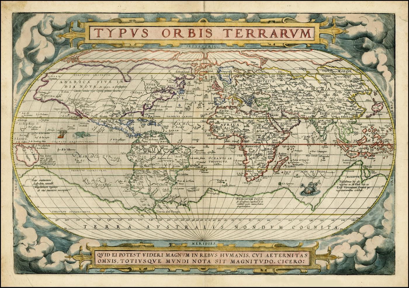 Mapa-múndi de Ortelius, 1572, com a Terra Australis no sul