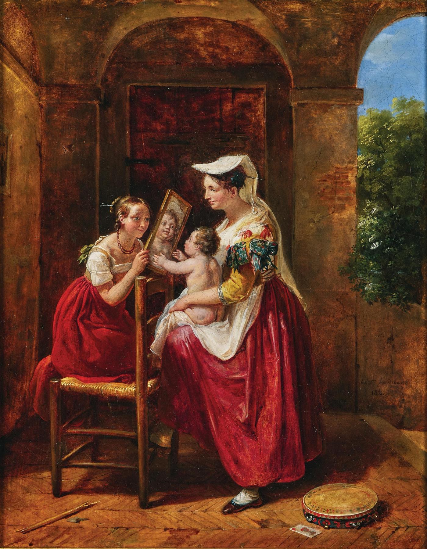 Pintura de uma criança olhando o próprio reflexo no espelho