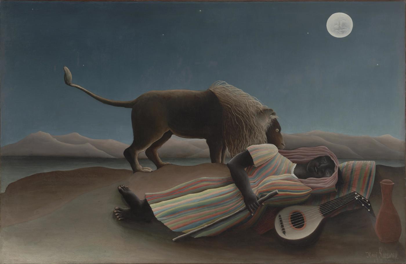 Pintura de uma mulher dormindo no deserto ao luar, com um leão ao lado